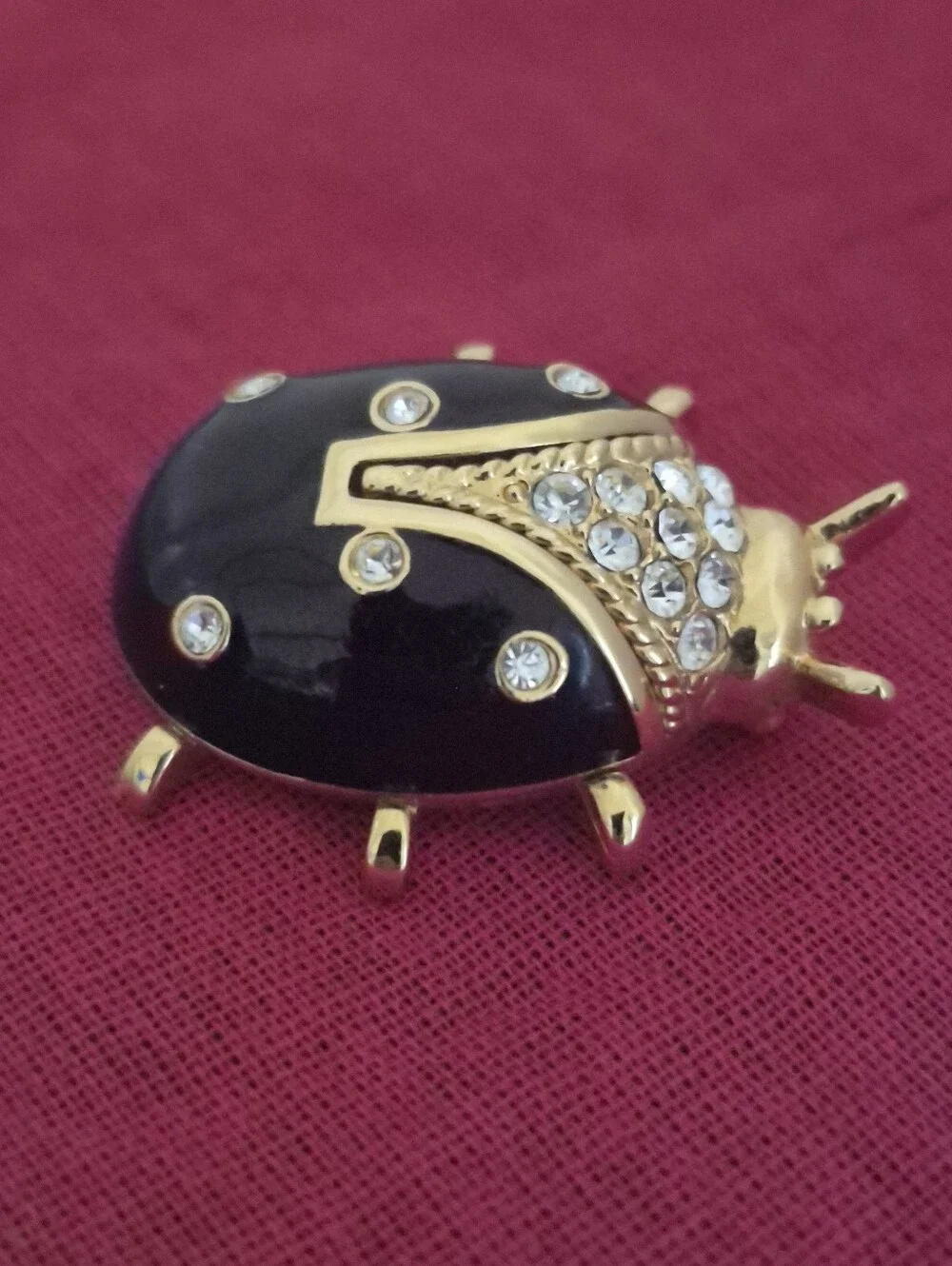 Vtg. St. John Gold-tone Black Enamel and Crystal Rhinestone Ladybug Brooch/Pin